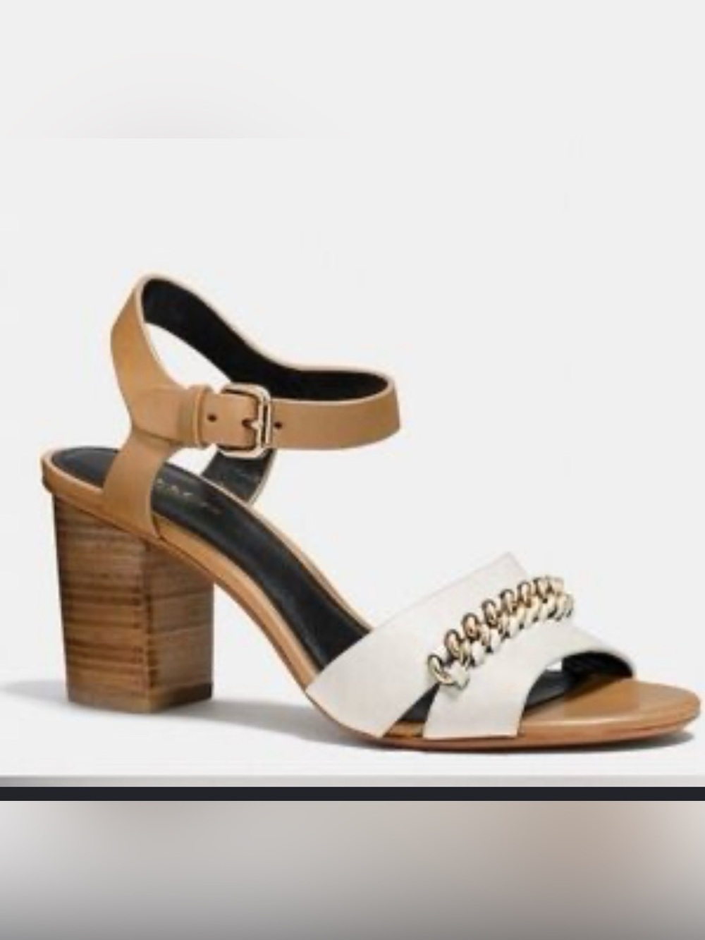 Coach Two-Tone Chain Strap Block Heel Sandals in Pink and Tan